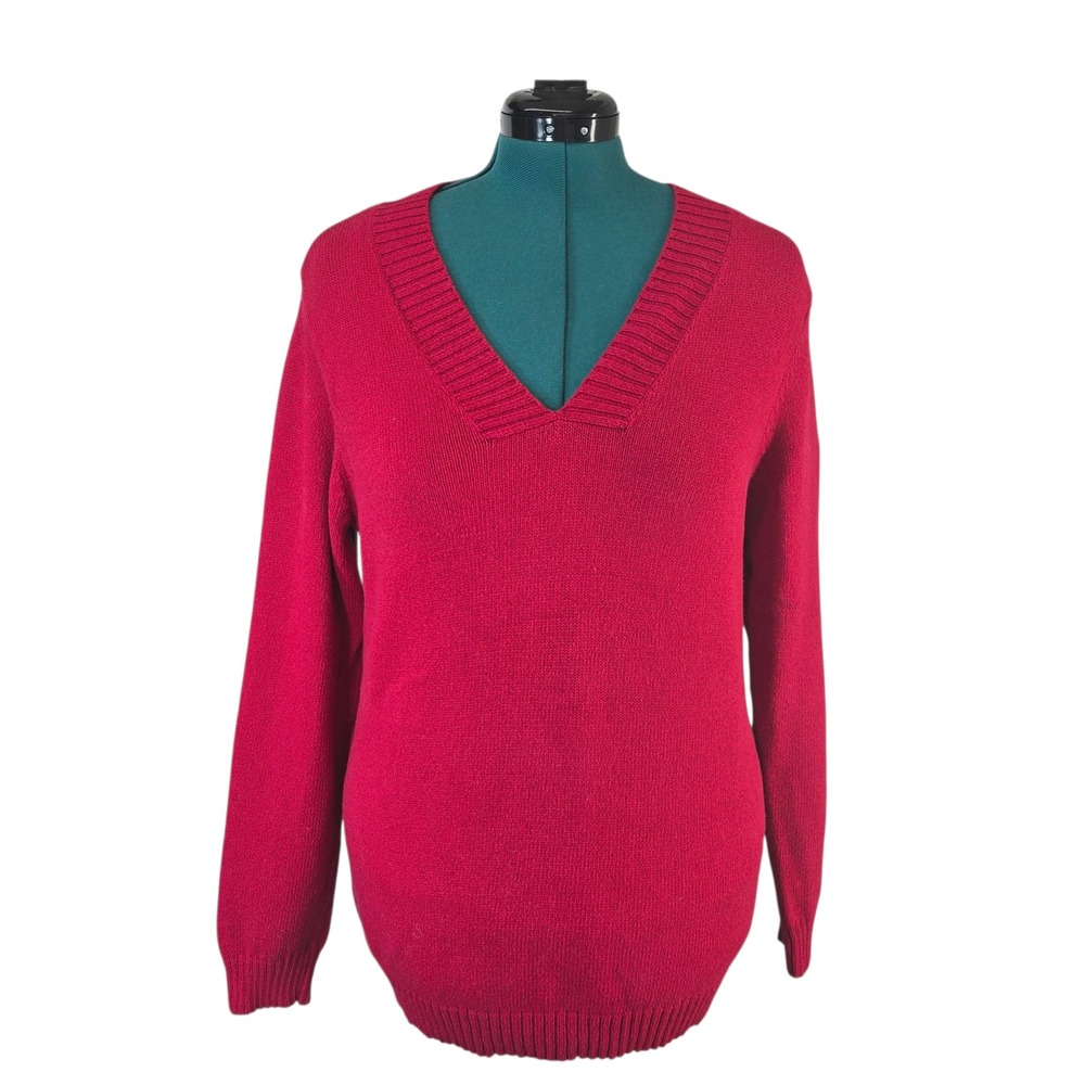 Chico's Red V-Neck Knit Sweater Cotton Blend Classic Style Women's